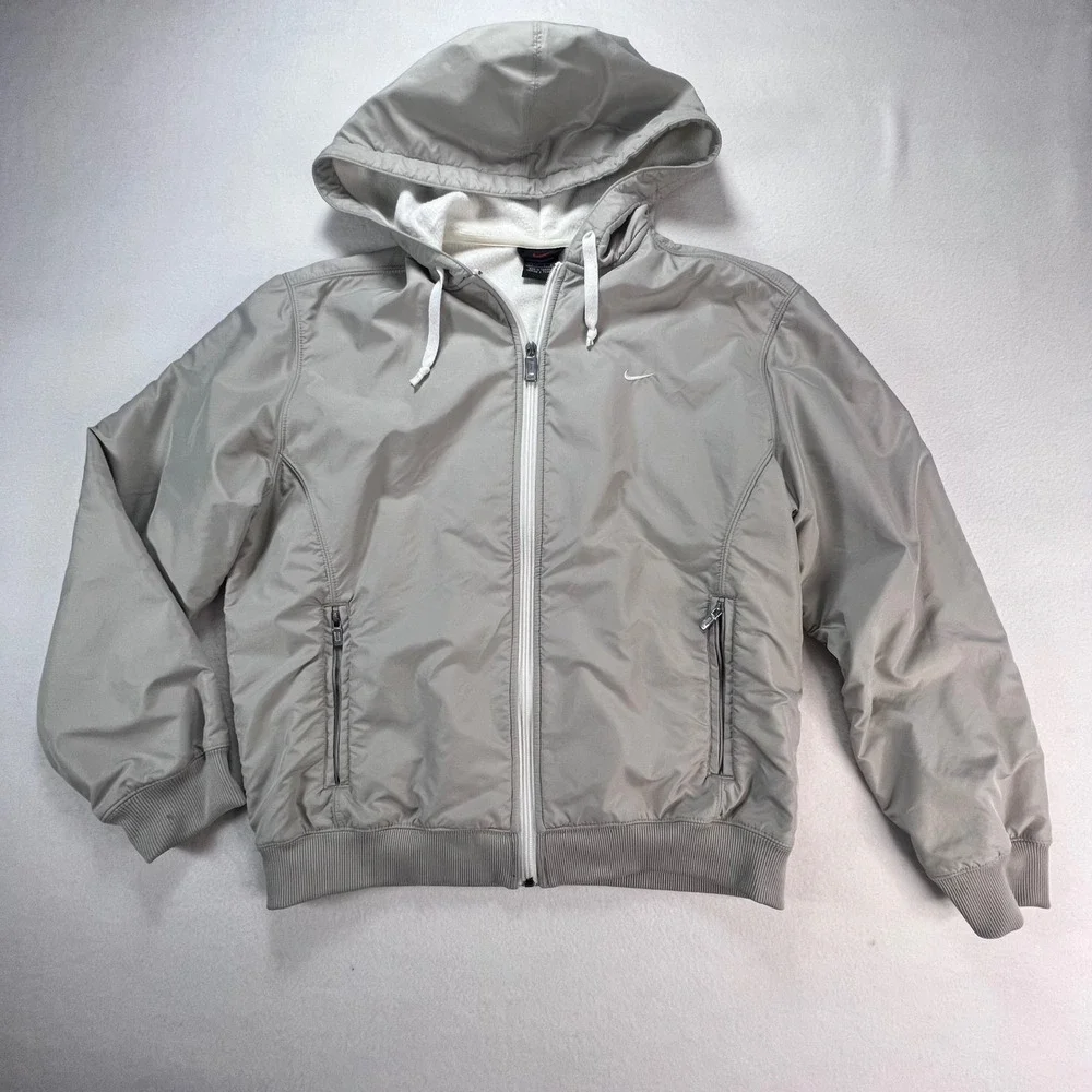 Nike Kids Vintage Full Zip Hooded Windbreaker Jacket Grey Fleece Lined L 12-14